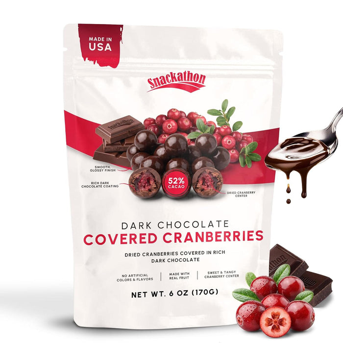 Snackathon Dark Chocolate Covered Cranberries, Chocolate Fruit Snack Gourmet Cranberry Treats Coated in 52% Cacao Dark Chocolate, Resealable Bag for Snacking, Trail Mix & Yogurt, Made in USA Snackathon Dark Chocolate Cranberries 6 Ounce