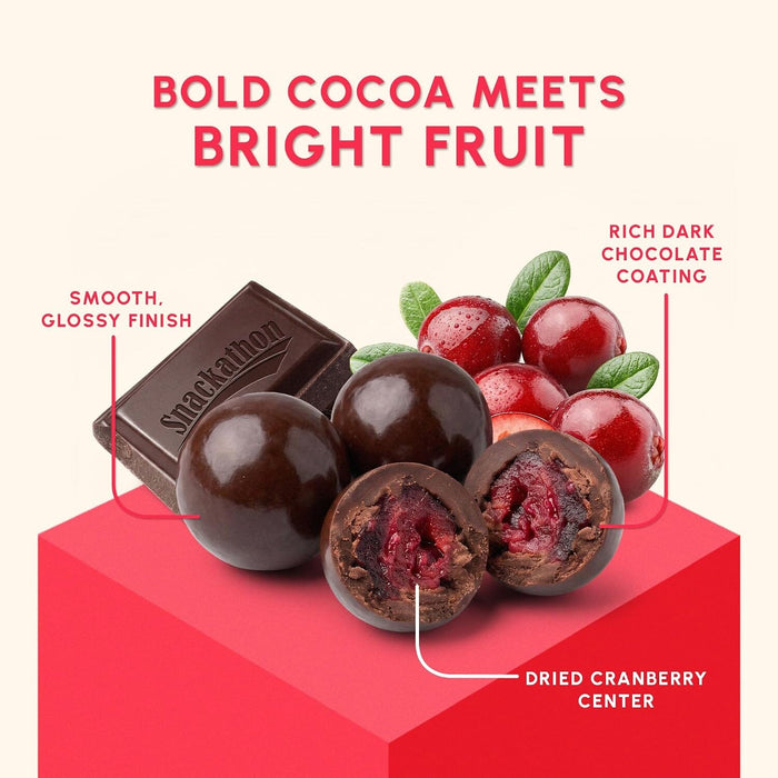 Snackathon Dark Chocolate Covered Cranberries, Chocolate Fruit Snack Gourmet Cranberry Treats Coated in 52% Cacao Dark Chocolate, Resealable Bag for Snacking, Trail Mix & Yogurt, Made in USA Snackathon