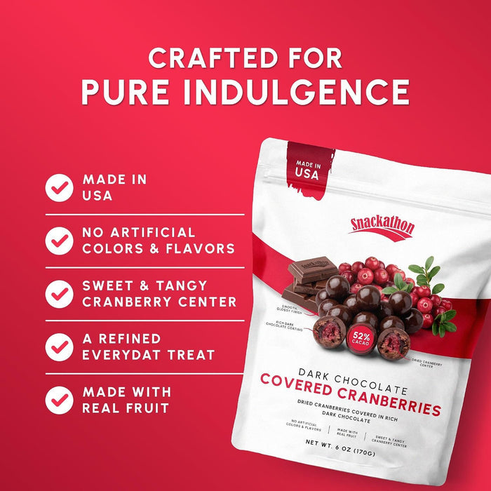 Snackathon Dark Chocolate Covered Cranberries, Chocolate Fruit Snack Gourmet Cranberry Treats Coated in 52% Cacao Dark Chocolate, Resealable Bag for Snacking, Trail Mix & Yogurt, Made in USA Snackathon
