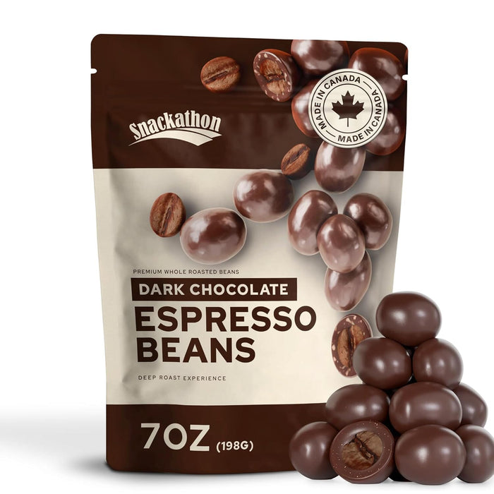 Snackathon Dark Chocolate Covered Espresso Beans Bulk, Resealable Snack Pack, Gourmet Chocolate Covered Coffee Beans, Bold Coffee Candy Treat, Perfect Coffee Lover Gifts Snackathon 7 Ounce