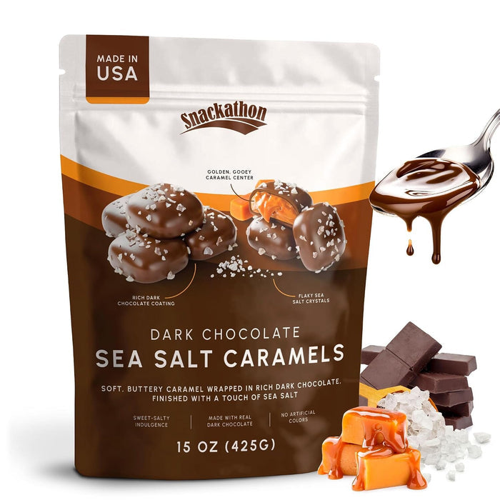 Snackathon Dark Chocolate Sea Salt Caramels, Rich Chocolate Covered Caramel Made in Small Batch, Gourmet Sweet & Salty Treats in Resealable Snack Bag, Perfect for Gifting Snackathon Dark Chocolate Caramels 15 Ounce