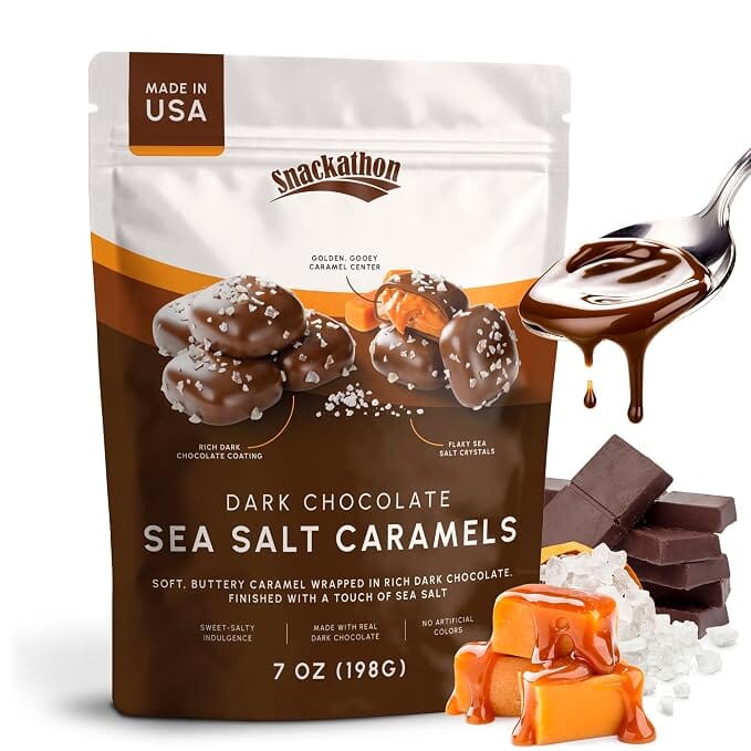 Snackathon Dark Chocolate Sea Salt Caramels, Rich Chocolate Covered Gourmet Candy Snackathon Dark Chocolate Caramels 7 Ounce