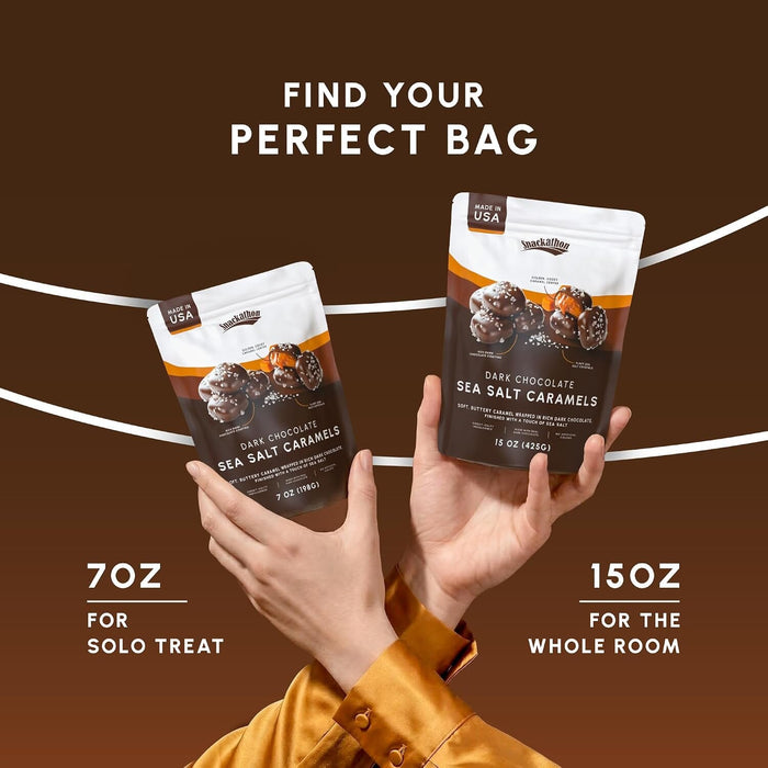 Snackathon Dark Chocolate Sea Salt Caramels, Rich Chocolate Covered Caramel Made in Small Batch, Gourmet Sweet & Salty Treats in Resealable Snack Bag, Perfect for Gifting Snackathon