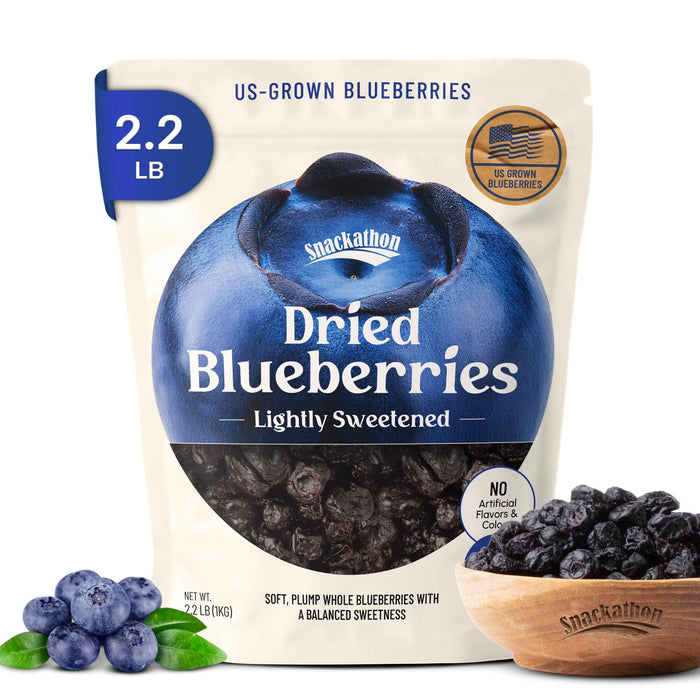 Snackathon Dried Blueberries, Lightly Sweetened, Soft & Plump Whole Berries, US-Grown, Gluten-Free, Non-GMO, No Sulfites, Dried Fruit for Snacking, Baking & Toppings Snackathon Blueberries 2.2 Pound