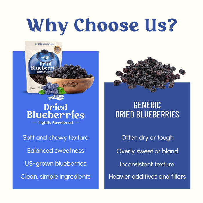 Snackathon Dried Blueberries, Lightly Sweetened, Soft & Plump Whole Berries, US-Grown, Gluten-Free, Non-GMO, No Sulfites, Dried Fruit for Snacking, Baking & Toppings Snackathon