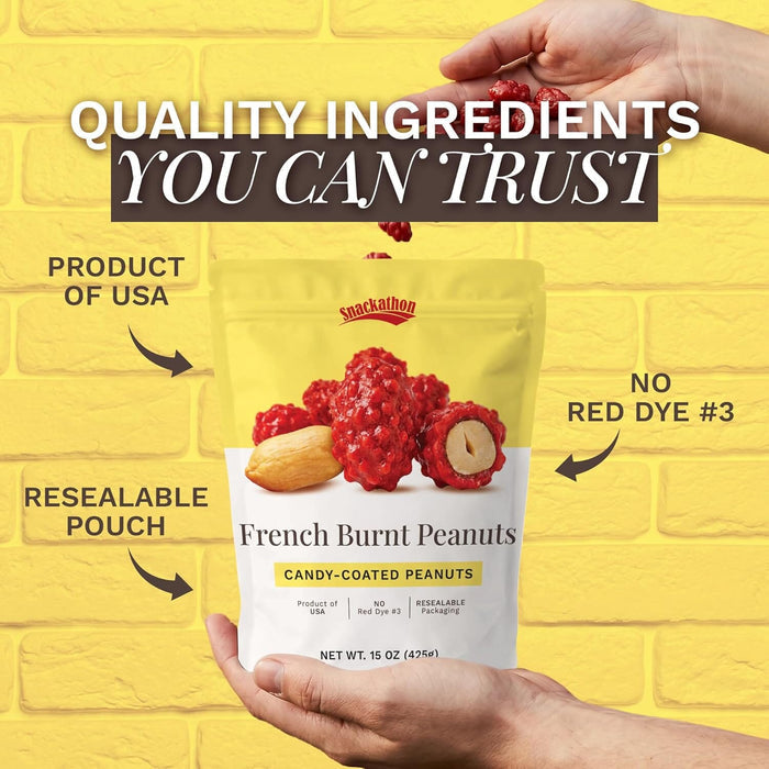 Snackathon French Burnt Peanuts, 15 oz – Classic Red Candy Coated Peanuts in Resealable Bag, Old Fashioned Sweet & Crunchy Snack, Made in USA, Great for Snacking & Sharing Snackathon
