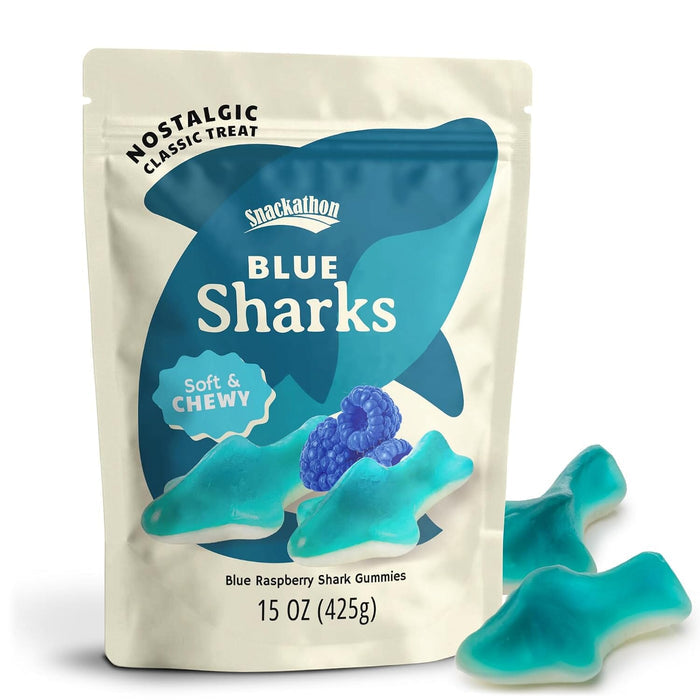 Snackathon Gummy Sharks Candy, Soft & Chewy Blue Raspberry Gummies Snackathon Blue Sharks 15 Ounce