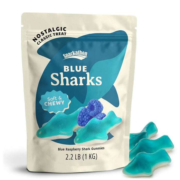 Snackathon Gummy Sharks Candy, Soft & Chewy Blue Raspberry Gummies Snackathon Blue Sharks 2.2 Pound