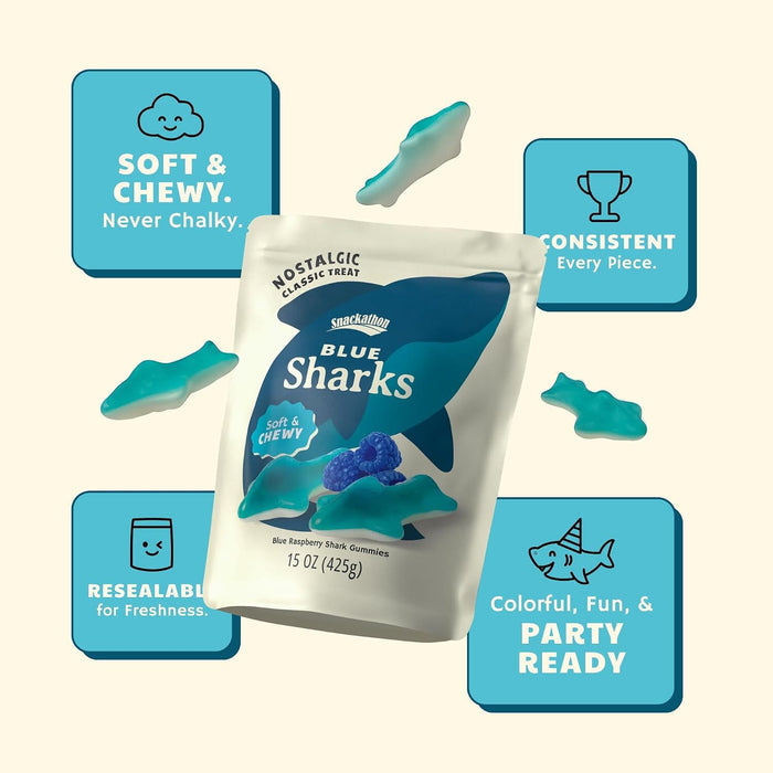 Snackathon Gummy Sharks Candy, Soft & Chewy Blue Raspberry Gummies Snackathon