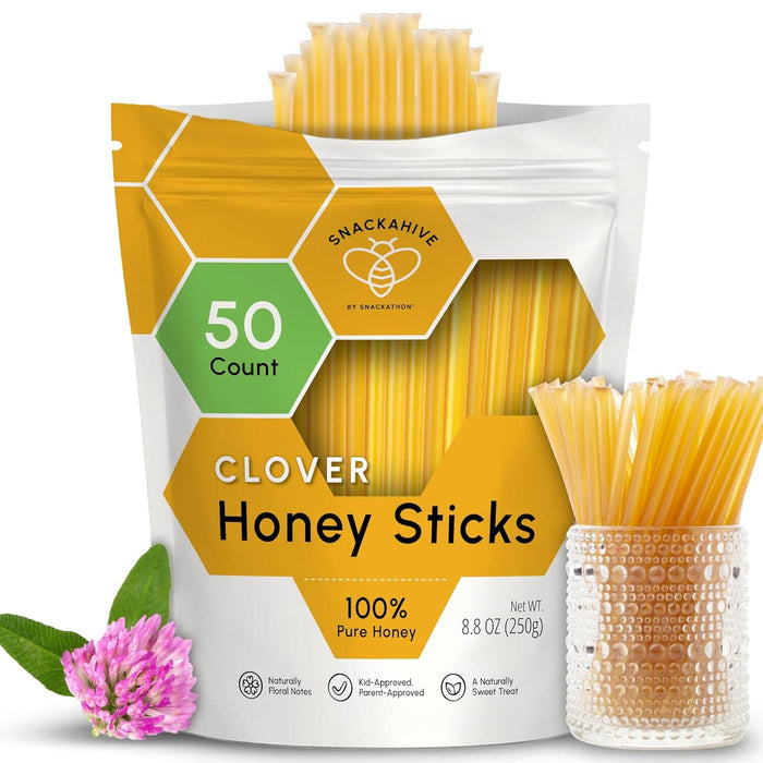 Snackathon Honey Sticks, Clover Blossom Pure Honey, 50 and 100 Count Bulk, Made in USA Snackathon Foods 50