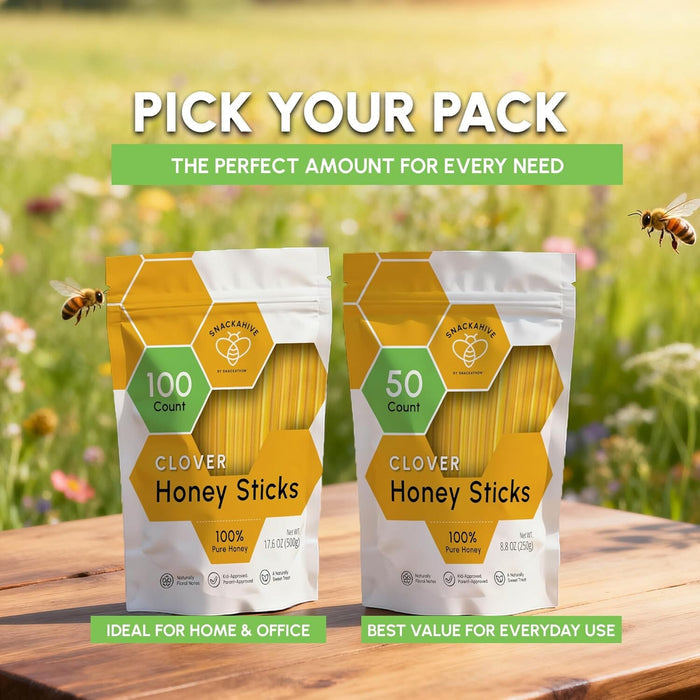 Snackathon Honey Sticks, Clover Blossom Pure Honey, 100 Count Bulk, Made in USA Snackathon Foods
