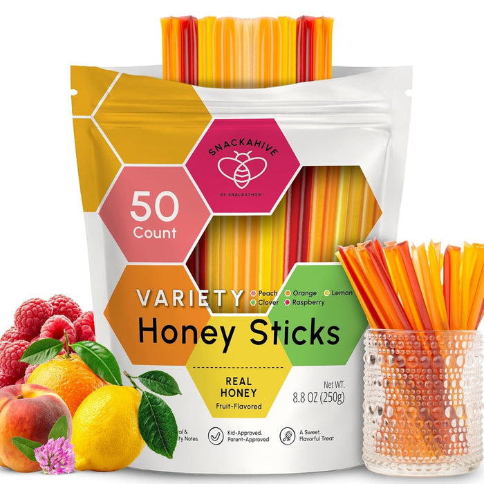 Snackathon Honey Sticks Variety Pack, 50 or 100 Count Bulk (Clover, Lemon, Peach, Orange and Raspberry), Fruit-Flavored Honey Straws for Tea & Coffee, Single Serve (1 Teaspoon per Stick), Made in USA Snackathon 5 Fruity Flavors 50 Count (250g)