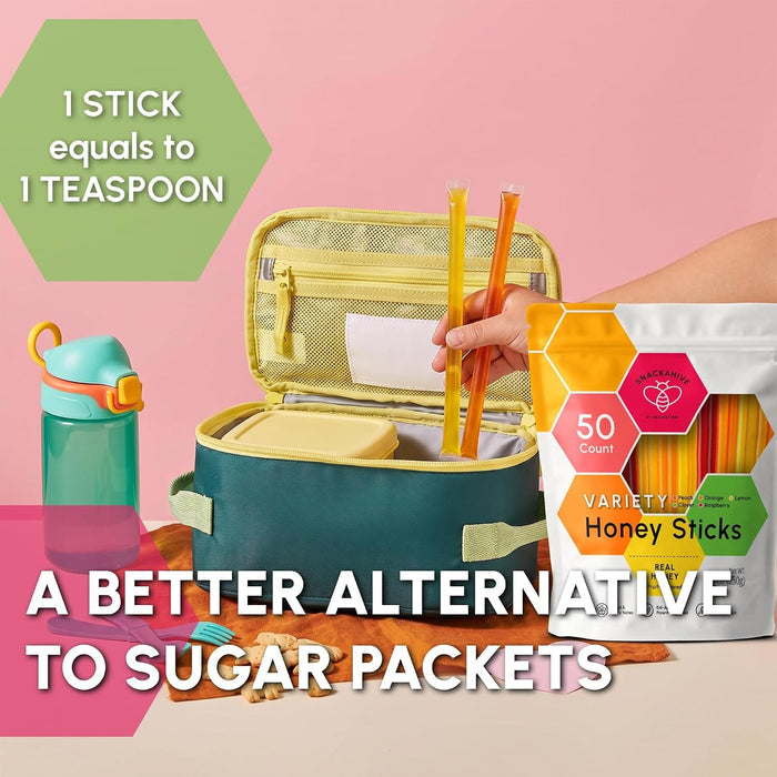 Snackathon Honey Sticks Variety Pack, 50 or 100 Count Bulk (Clover, Lemon, Peach, Orange and Raspberry), Fruit-Flavored Honey Straws for Tea & Coffee, Single Serve (1 Teaspoon per Stick), Made in USA Snackathon