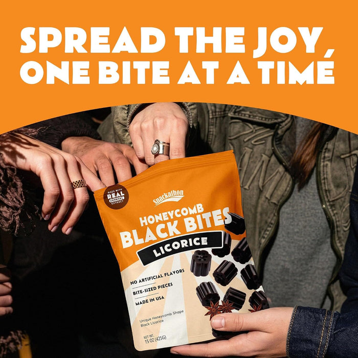 Snackathon Honeycomb Black Licorice Bites, 15 oz Resealable Bag, Old-Fashioned Chewy Black Licorice Nibs, Made in USA, No Artificial Flavors, Classic Treat for Snacking, Candy Jars & Sharing Snackathon