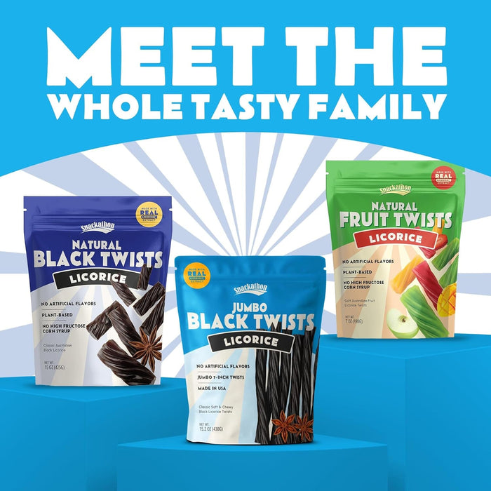 Snackathon Jumbo Black Licorice Twists, Resealable Bulk Bag, 7-inch Chewy Gourmet Licorice Ropes, Classic Old-Fashioned Candy Sticks for Parties, Snacking & Candy Jars, Made in USA Snackathon