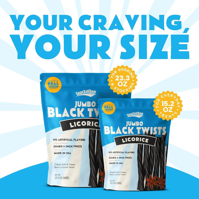 Snackathon Jumbo Black Licorice Twists, Resealable Bulk Bag, 7-inch Chewy Gourmet Licorice Ropes, Classic Old-Fashioned Candy Sticks for Parties, Snacking & Candy Jars, Made in USA Snackathon