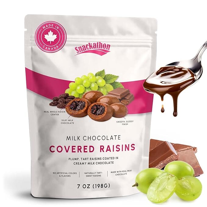 Snackathon Milk Chocolate Covered Raisins, 7 OZ or 15 OZ Resealable Snack Bag, Sweet Chewy Thompson Raisins Coated in Smooth Milk Chocolate, Gourmet Candy for Snacking, Topping or Gifting, Made in Canada Snackathon Foods Milk Chocolate Raisins 7 Ounce