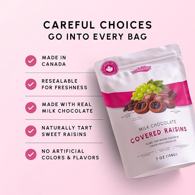 Snackathon Milk Chocolate Covered Raisins, 7 OZ or 15 OZ Resealable Snack Bag, Sweet Chewy Thompson Raisins Coated in Smooth Milk Chocolate, Gourmet Candy for Snacking, Topping or Gifting, Made in Canada Snackathon Foods