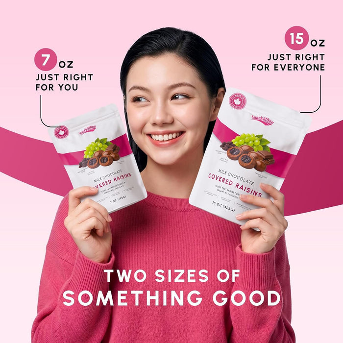 Snackathon Milk Chocolate Covered Raisins, 7 OZ or 15 OZ Resealable Snack Bag, Sweet Chewy Thompson Raisins Coated in Smooth Milk Chocolate, Gourmet Candy for Snacking, Topping or Gifting, Made in Canada Snackathon Foods