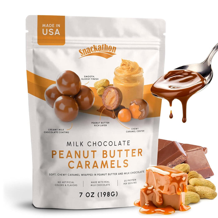Snackathon Milk Chocolate Peanut Butter Caramels – Chewy Gourmet Candy Snackathon Foods 7 Oz Bag