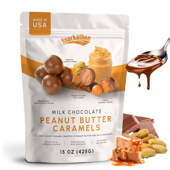 Snackathon Milk Chocolate Peanut Butter Caramels – Chewy Gourmet Candy Snackathon Foods 15 Oz Bag