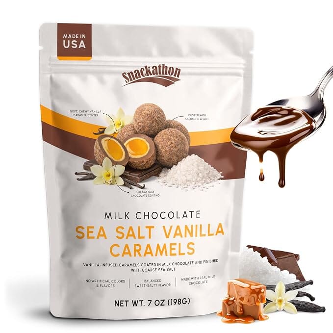 Snackathon Milk Chocolate Sea Salt Vanilla Caramels, Vanilla Infused Chocolate Covered Caramels Made in Small Batch, Sweet & Salty Snacks in Resealable Bag, Gourmet Candy for Gifting Snackathon Milk Chocolate Caramels 7 Ounce