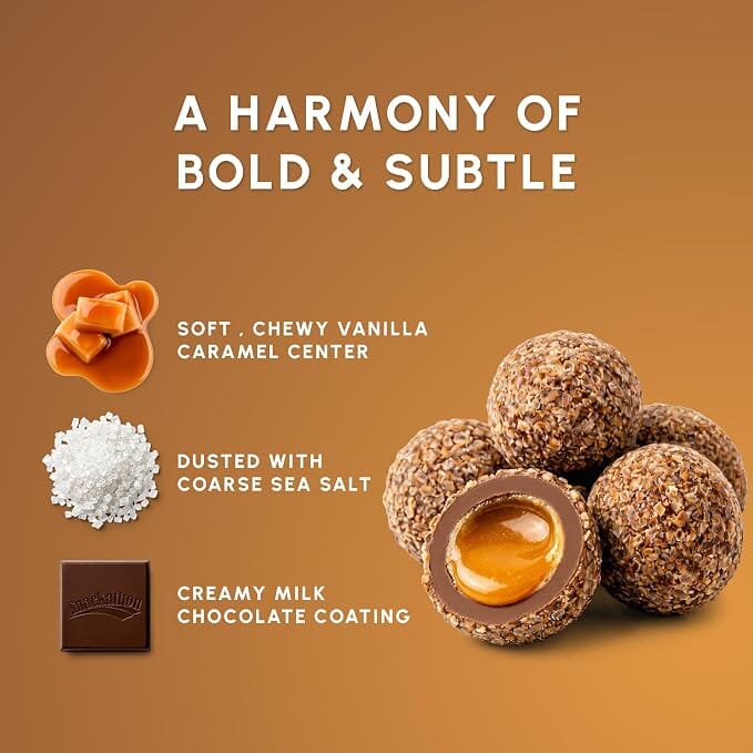 Snackathon Milk Chocolate Sea Salt Vanilla Caramels, Vanilla Infused Chocolate Covered Caramels Made in Small Batch, Sweet & Salty Snacks in Resealable Bag, Gourmet Candy for Gifting Snackathon