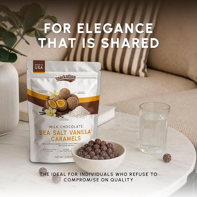 Snackathon Milk Chocolate Sea Salt Vanilla Caramels, Vanilla Infused Chocolate Covered Gourmet Candy Snackathon