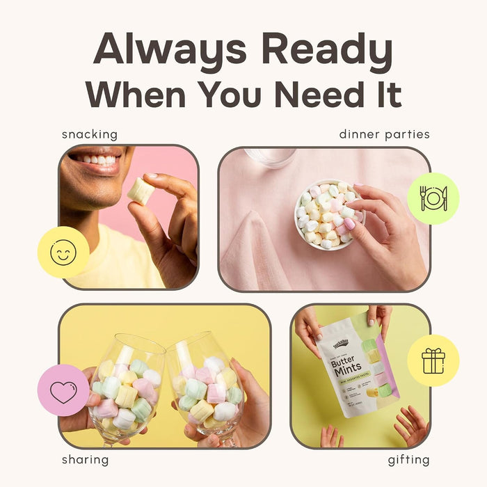 Snackathon Mini Assorted Pastel Buttermints, Bulk After-Dinner Mints. Resealable Bag, Soft & Creamy Pillow Butter Mints, Assorted Pastel Colors, Made for Weddings, Dinners & Parties Snackathon