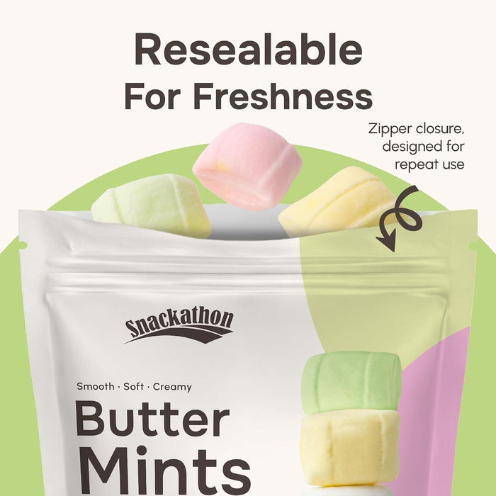 Snackathon Mini Assorted Pastel Buttermints, Bulk After-Dinner Mints. Resealable Bag, Soft & Creamy Pillow Butter Mints, Assorted Pastel Colors, Made for Weddings, Dinners & Parties Snackathon