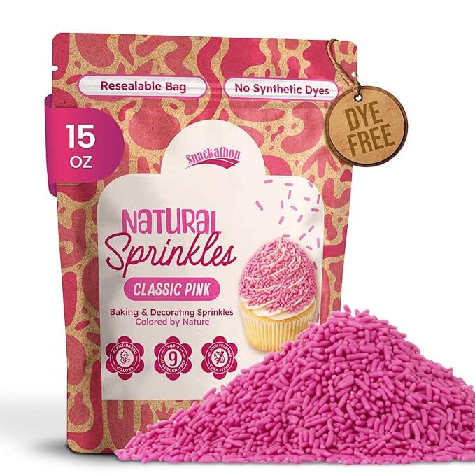 Snackathon Natural Sprinkles for Baking & Decorating, Dye-Free Pink Sprinkles, 15 oz Bulk Jimmies in Resealable Bag - Naturally Colored, No Artificial Dyes, Gluten-free for Cakes, Ice Cream & Desserts Snackathon 15 Ounce