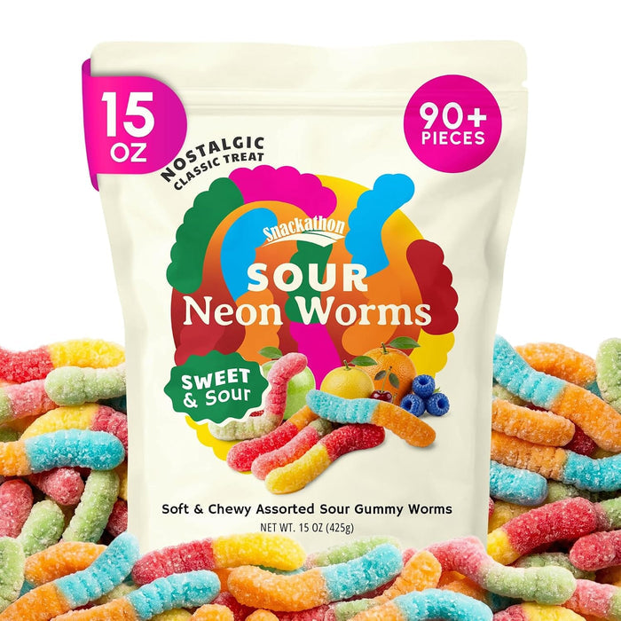 Snackathon Neon Sour Gummy Worms Candy, Soft & Chewy Sour Worms, Colorful Sweet & Sour Gummy Candy in Assorted Fruit Flavors, Resealable Bag for Snacking & Sharing Snackathon Sour Neon Worms 15 Ounce