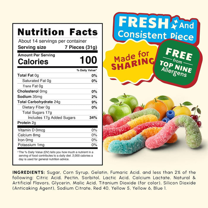 Snackathon Neon Sour Gummy Worms Candy, Soft & Chewy Sour Worms, Colorful Sweet & Sour Gummy Candy in Assorted Fruit Flavors, Resealable Bag for Snacking & Sharing Snackathon