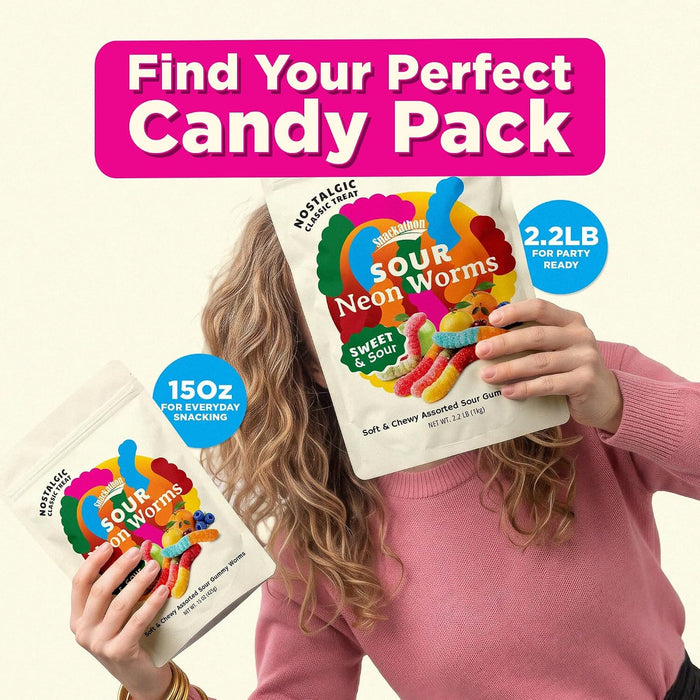Snackathon Neon Sour Gummy Worms, Soft & Chewy Sour Candy in Assorted Fruit Flavors Snackathon