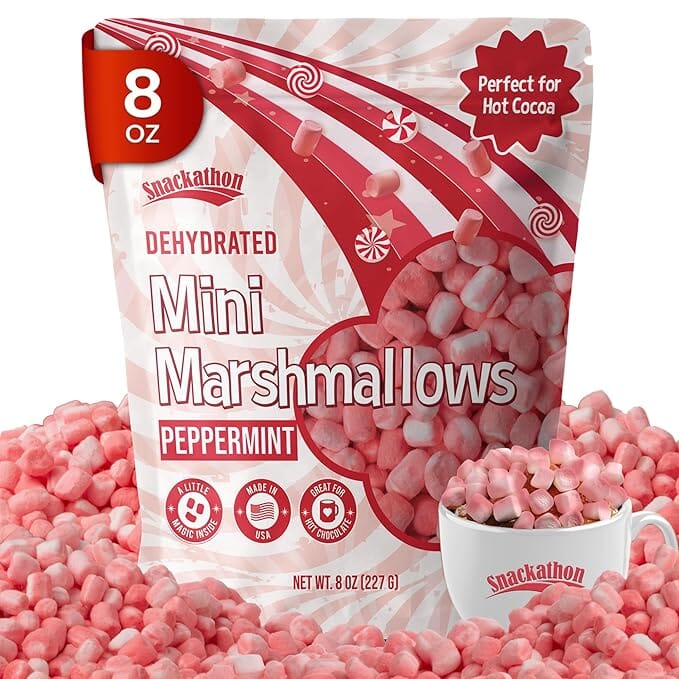 Snackathon Peppermint Mini Dehydrated Marshmallows – 8 oz Resealable Bag (Crunchy Topping for Hot Chocolate, Baking & Desserts) Snackathon