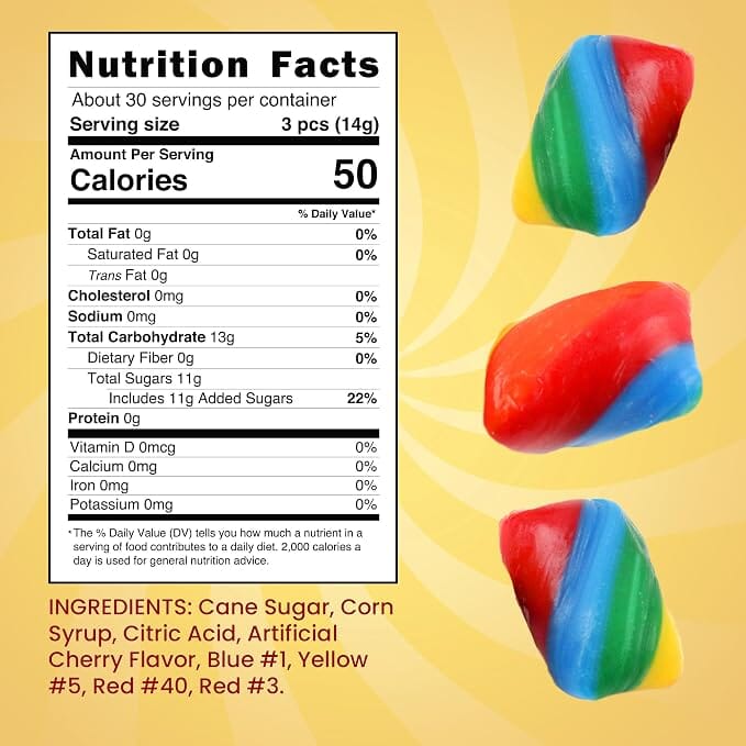 Snackathon Rainbow Cherry Flavored Hard Candy Twists, Cylinder-Shaped Twists Snackathon