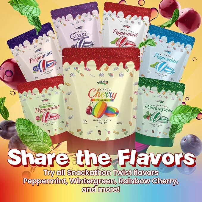 Snackathon Rainbow Cherry Flavored Hard Candy Twists, Cylinder-Shaped Twists Snackathon