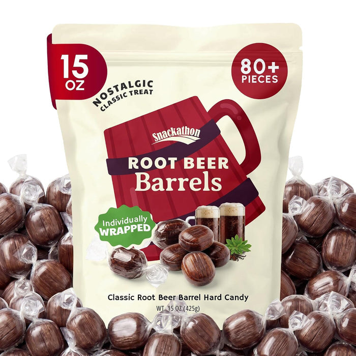 Snackathon Root Beer Barrels Hard Candy, Classic Barrel Shape Snackathon Root Beer Barrels 15 Ounce