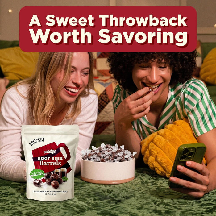 Snackathon Root Beer Barrels Hard Candy, Old Fashioned Rootbeer Candy, Classic Barrel Shape, Resealable Bag for Sharing & Candy Bowls Snackathon