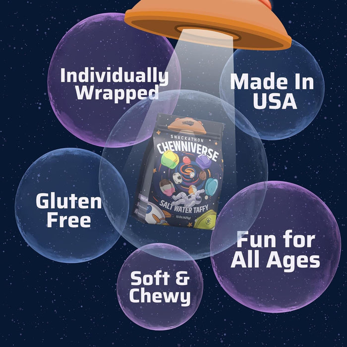 Snackathon Salt Water Taffy Assorted Mix – Chewniverse Edition, 10 Flavor Variety, Individually Wrapped Soft & Chewy Gourmet Candy, Unique 7 oz Themed Bag for Gifting Snackathon