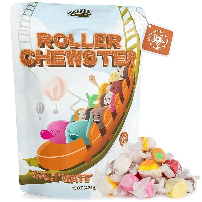 Snackathon Salt Water Taffy Assorted Mix – Roller Chewster Edition, 10-Flavor Carnival Variety, Individually Wrapped Soft & Chewy Gourmet Candy, Unique 15 oz Funfair-Themed Bag for Gifting Snackathon 15 Oz