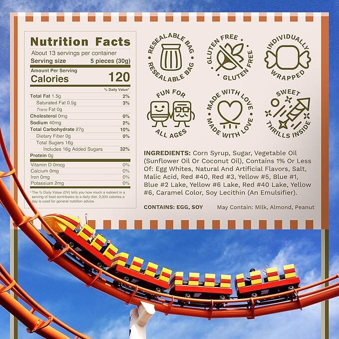 Snackathon Salt Water Taffy Assorted Mix – Roller Chewster Edition, 10-Flavor Carnival Variety, Individually Wrapped Soft & Chewy Gourmet Candy, Unique 15 oz Funfair-Themed Bag for Gifting Snackathon