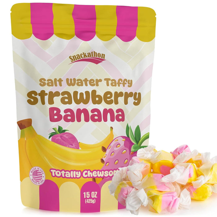 Snackathon Salt Water Taffy Single Flavor, Strawberry Banana, 15 Ounce Snackathon Strawberry Banana 15 Ounce