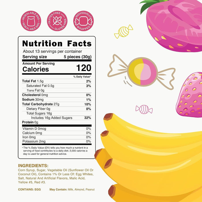 Snackathon Salt Water Taffy Single Flavor, Strawberry Banana, Bulk Individually Wrapped Gourmet Candy, Soft & Chewy Sweet Treats, 15 oz Resealable Bag Snackathon