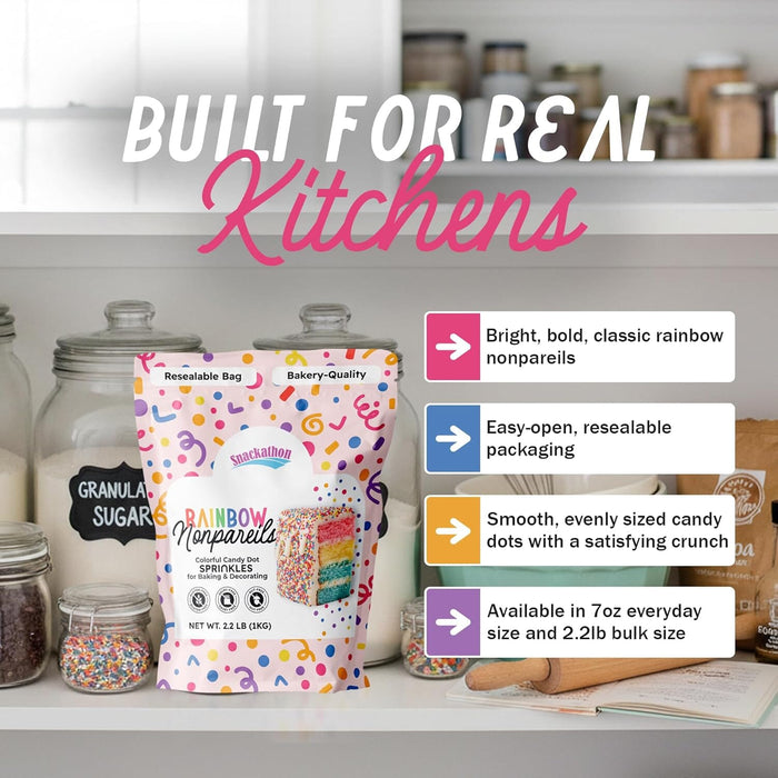 Snackathon Sprinkles for Baking & Decorating, Rainbow Nonpareils, 2.2 LB Bulk Resealable Bag Snackathon Foods