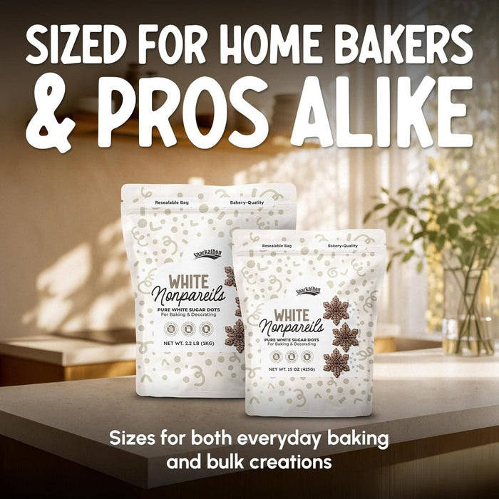 Snackathon Sprinkles for Baking & Decorating, White Nonpareils, Resealable Bag, Bulk White Sugar Dot Sprinkles for Cakes, Ice Cream, Cupcakes, Cake Pops & Dessert Toppings Snackathon