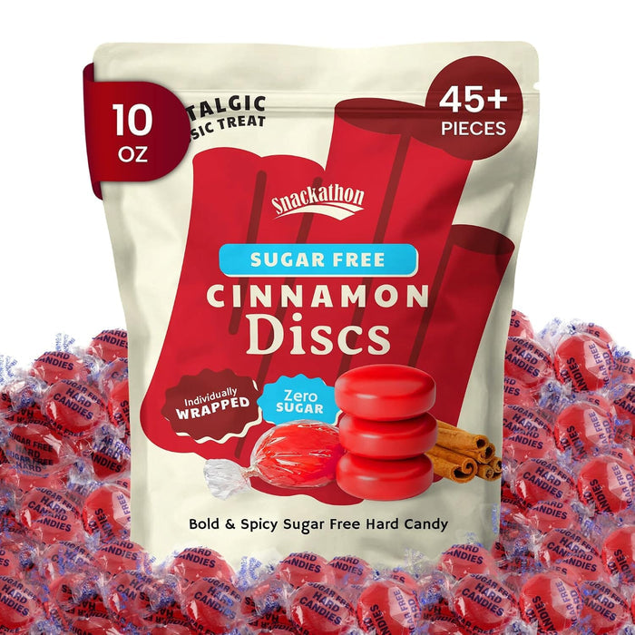 Snackathon Sugar Free Cinnamon Hard Candy Discs, Resealable Bag, Individually Wrapped, Zero Sugar, Old Fashioned Candy, Gluten Free, For Sharing & Gifting Snackathon Cinnamon 10 Ounce