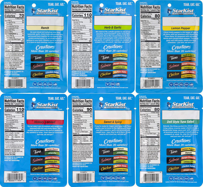 Starkist Tuna Creations Variety Pack, 6 Flavors, 1 Pouch of Each Flavor, 6 Pouches Total Snackathon