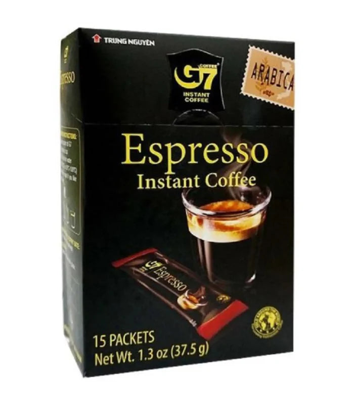 A box of Trung Nguyen G7 Coffee Espresso Instant Coffee with 15 packets, displaying a picture of a cup of coffee and the Halal certification logo.