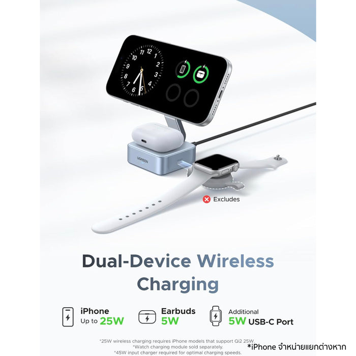 UGREEN 2-in-1 25W Magnetic Wireless Charger MagFlow Qi2.2 ชาร์จไร้สายเร็ว 25W รองรับ iPhone และ AirPods พร้อมแม่เหล็กแรง พับเก็บได้ ใช้งานสะดวก